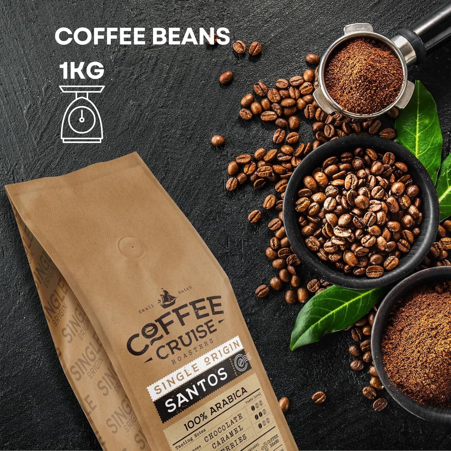 COFFEE CRUISE Santos Kaffeebohnen 1kg - Mittlere Röstung - Aroma Karamell - Für Alle Kaffeemaschinen - 100% Arabisch