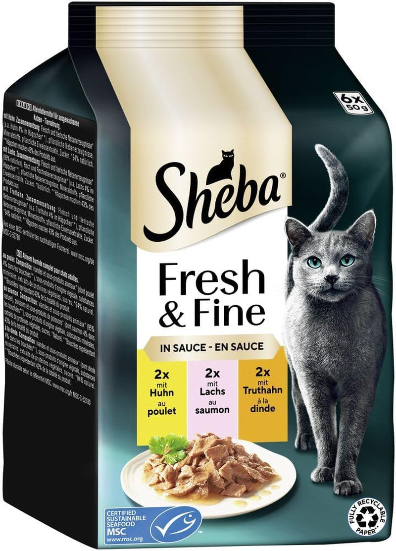 Sheba Portion Pouches Hrană umedă pentru pisici, pachet multiplu Fresh & Fine în sos cu pui și somon MSC, 6x6x50g - Mese rafinate pentru pisici în sos