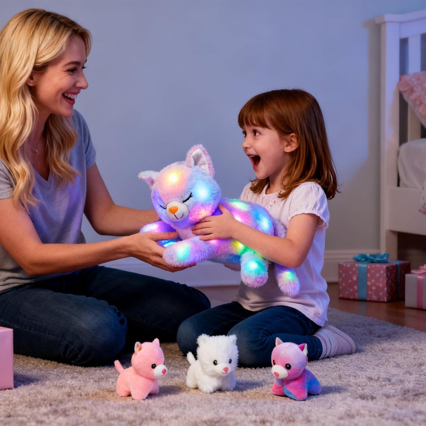 Pisică de pluș muzicală cu LED, jucărie cântătoare luminoasă, Mama Pisică cu 3 pisoi în burtă, cântec de leagăn animat, jucărie liniștitoare pentru mame, copii, fete mici, curcubeu, 45 cm