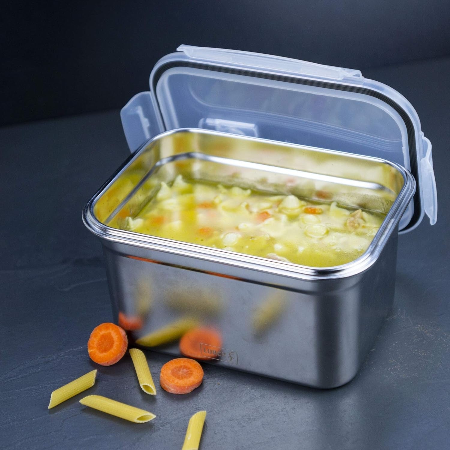 Lurch 240895 Cutie de prânz Cutie de siguranță/de depozitare din oțel inoxidabil de înaltă calitate cu capac din plastic fără BPA 2000ml, transparent Cutii depozitare alimente Naty Shop