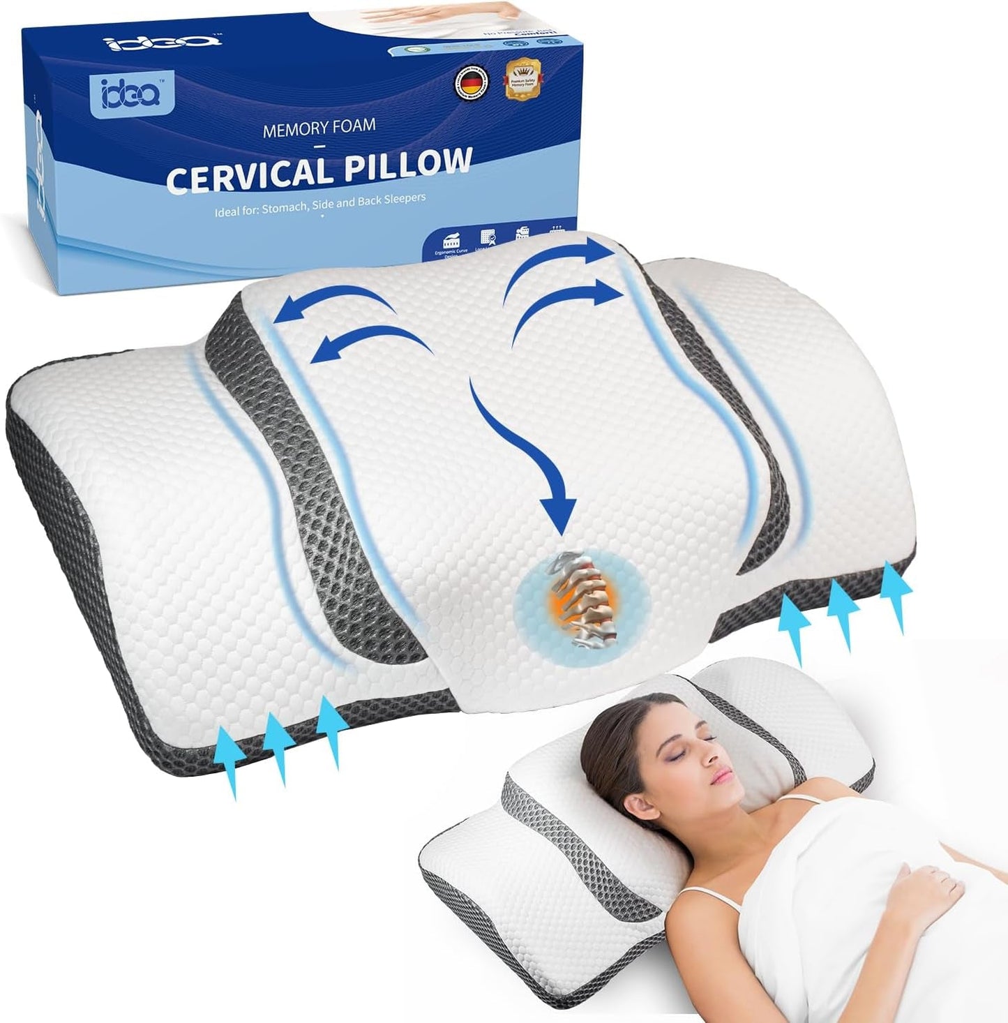 Pernă ortopedică, pernă ergonomică pentru gât, pernă pentru cap, pernă din spumă de memorie originală pentru părți laterale, sprijin pentru spate și stomac, pernă de sprijin pentru gât pentru bărbați, femei (67.3 X 38.2 X 13.8/3Cm) Perne ortopedice cervicale Naty Shop