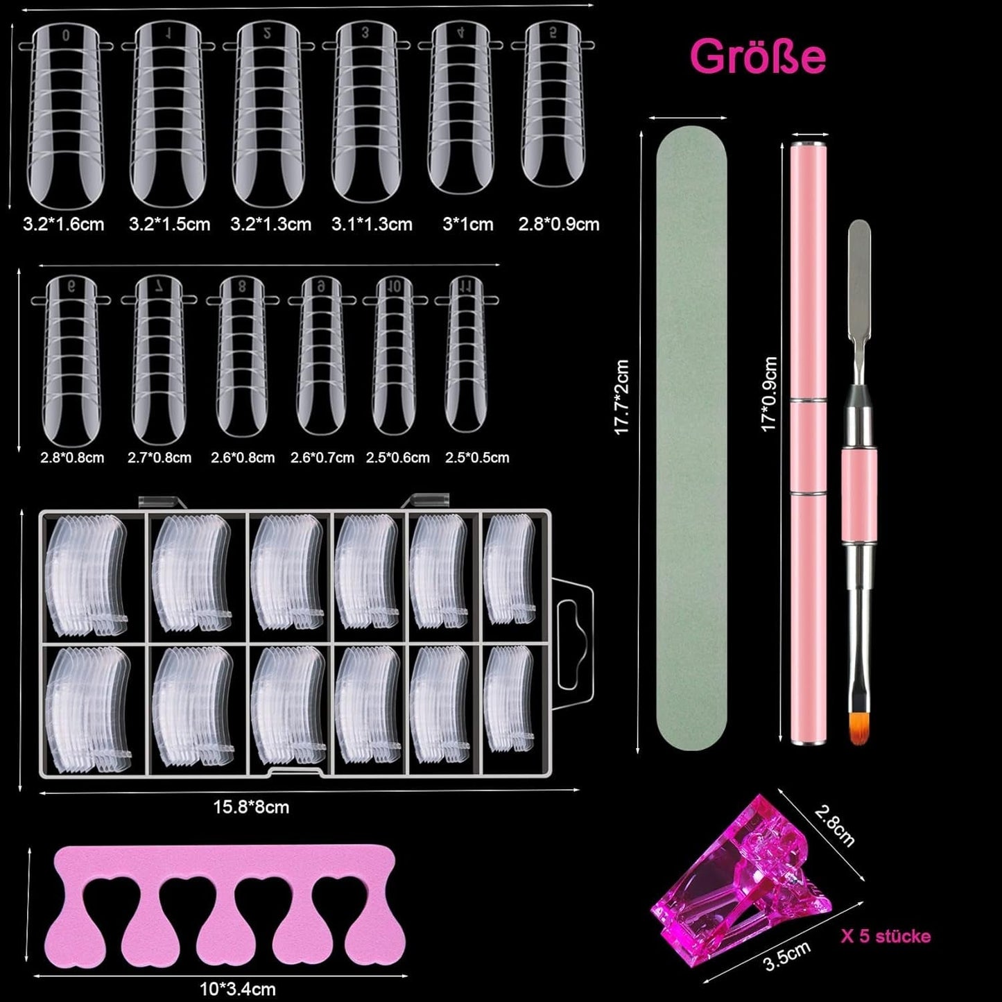 Set de 120 de forme duble pentru unghii, șabloane pentru extensii de unghii cu pensulă roz cu două capete, clemă pentru vârful unghiilor, separator de degete din burete și pilă de unghii pentru unghii Polygel