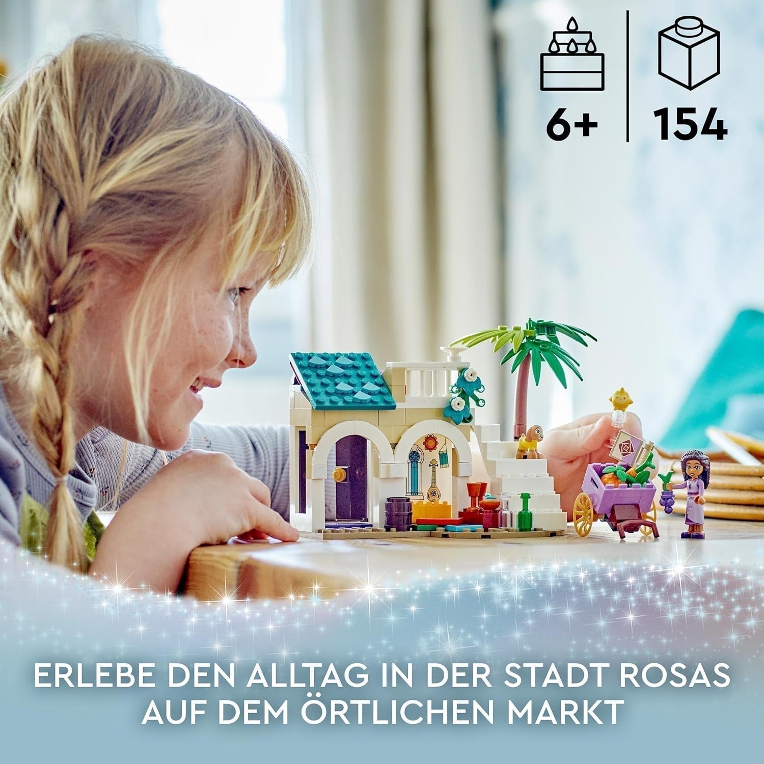 LEGO 43223 Disney Wish Asha în orașul Rosas, set de film Wish cu piață, mini păpușă Asha, Valentino ca capră de jucărie și figuri de stele, cadou pentru copii de la 6 ani, fete și băieți Seturi de constructie Besuche den LEGO-Store