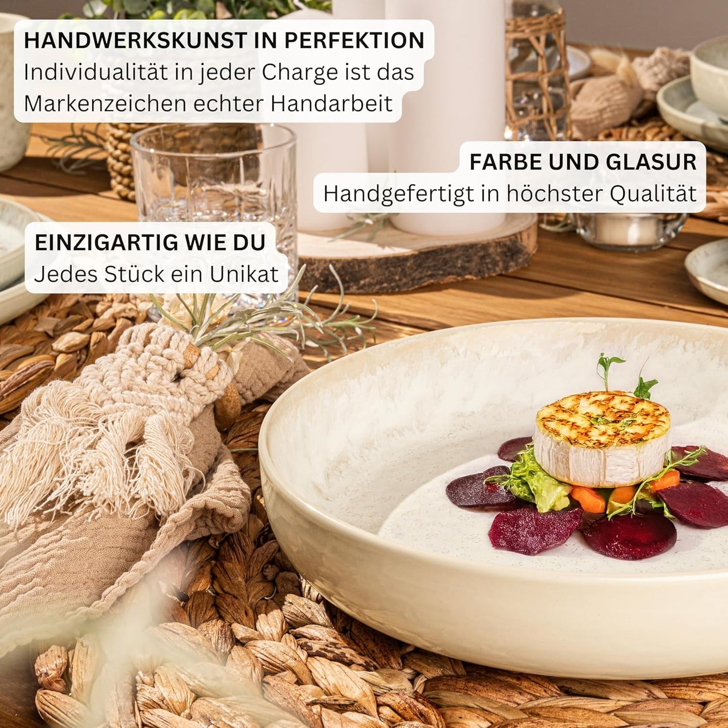 SÄNGER Key West | Set de veselă din gresie, 24 de piese, set de farfurii pentru 6 persoane, 6 farfurii de cină, boluri pentru cereale, farfurii pentru desert, boluri pentru paste, veselă de culoare crem cu textură nisipoasă | COLECȚIA VALUE