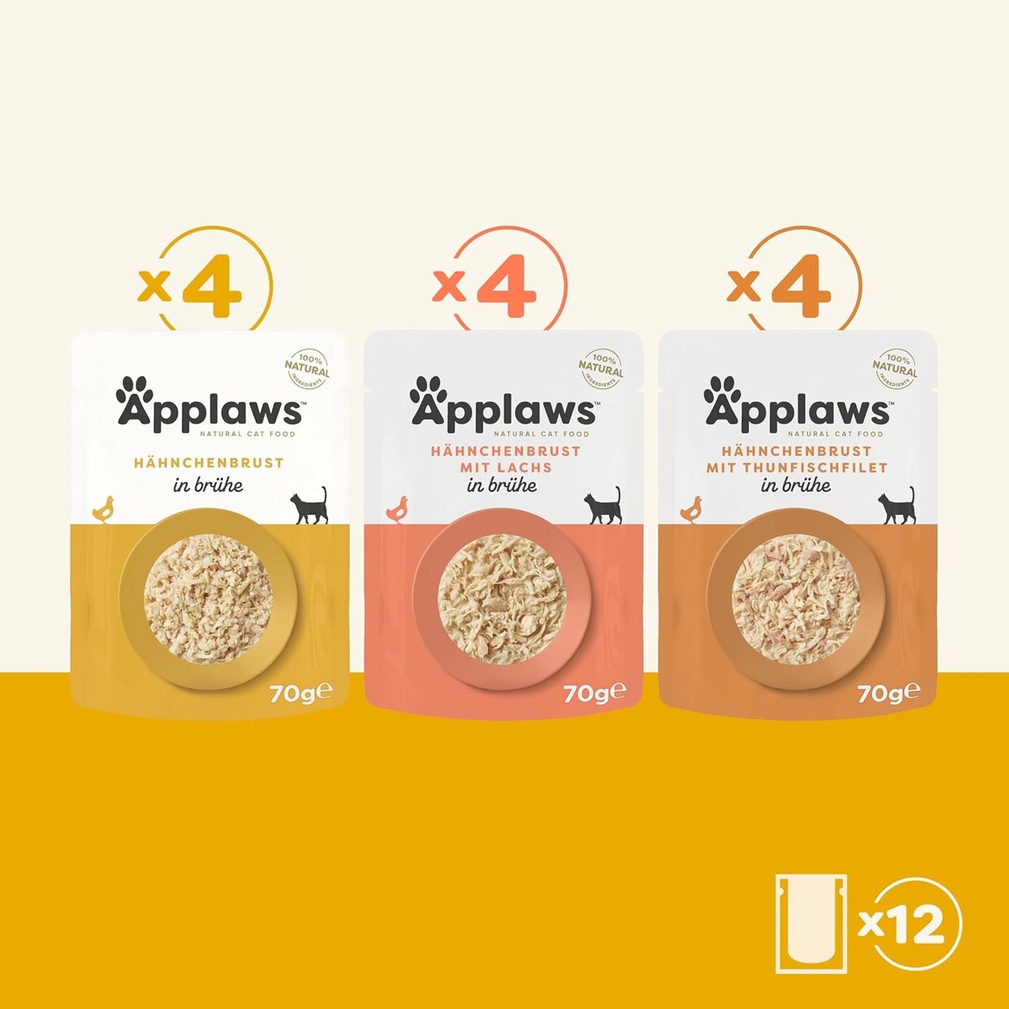 Applaws Hrană umedă naturală pentru pisici, pliculețe, pachet multiplu, selecție de pui în bulion - 12 pliculețe x 70g