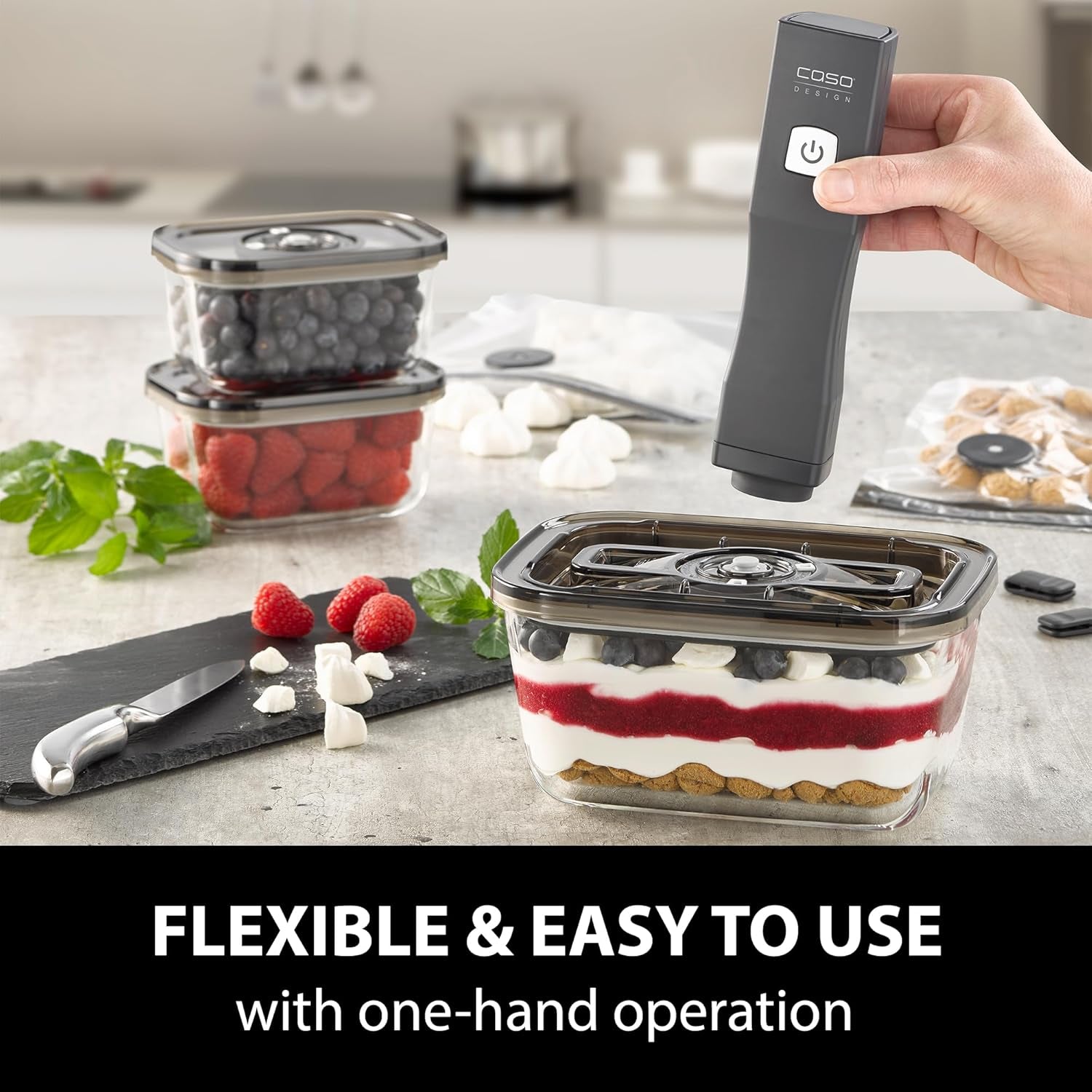 Set Caso Vacu OneTouch Eco, sigilator manual de vid, inclusiv 3 recipiente de vid din sticlă și VacuBoxx Eco-Duo S - recipient de prospețime în vid / 2 recipiente cu 500 ml fiecare Cutii depozitare alimente Naty Shop