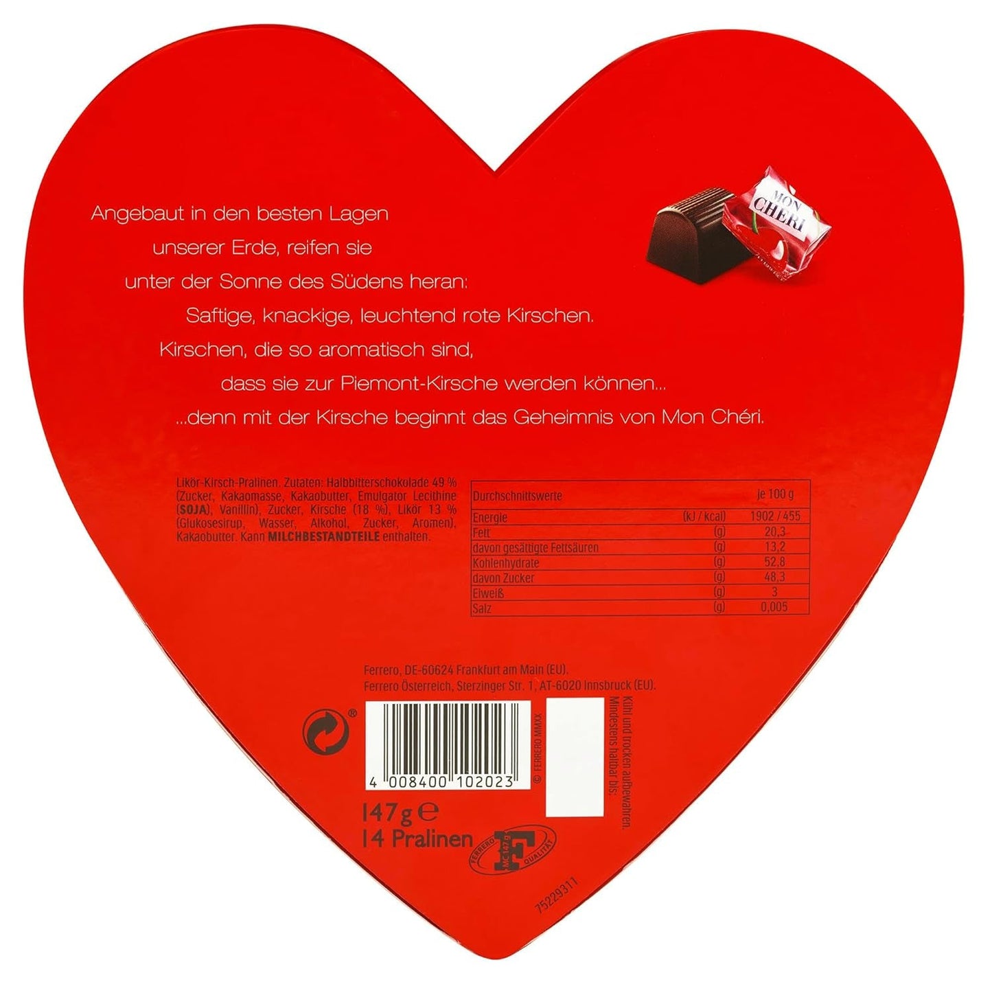 Ferrero Mon Chéri Heart – Cadou de ciocolată de Ziua Îndrăgostiților pentru el și ea – Ciocolată crocantă, lichior fructat și cireșe aromate – Pentru Ziua Îndrăgostiților, Ziua Mamei și Paște – 1 pachet de 147 g