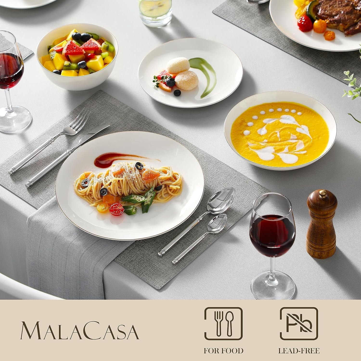 Set de veselă MALACASA pentru 4 persoane, set de veselă din porțelan os, format din 16 piese, set combinat rotund alb cu margine aurie, cu 4 farfurii de cină, 4 farfurii de desert, 4 farfurii de sumă și 4 boluri pentru cereale, seria NORI