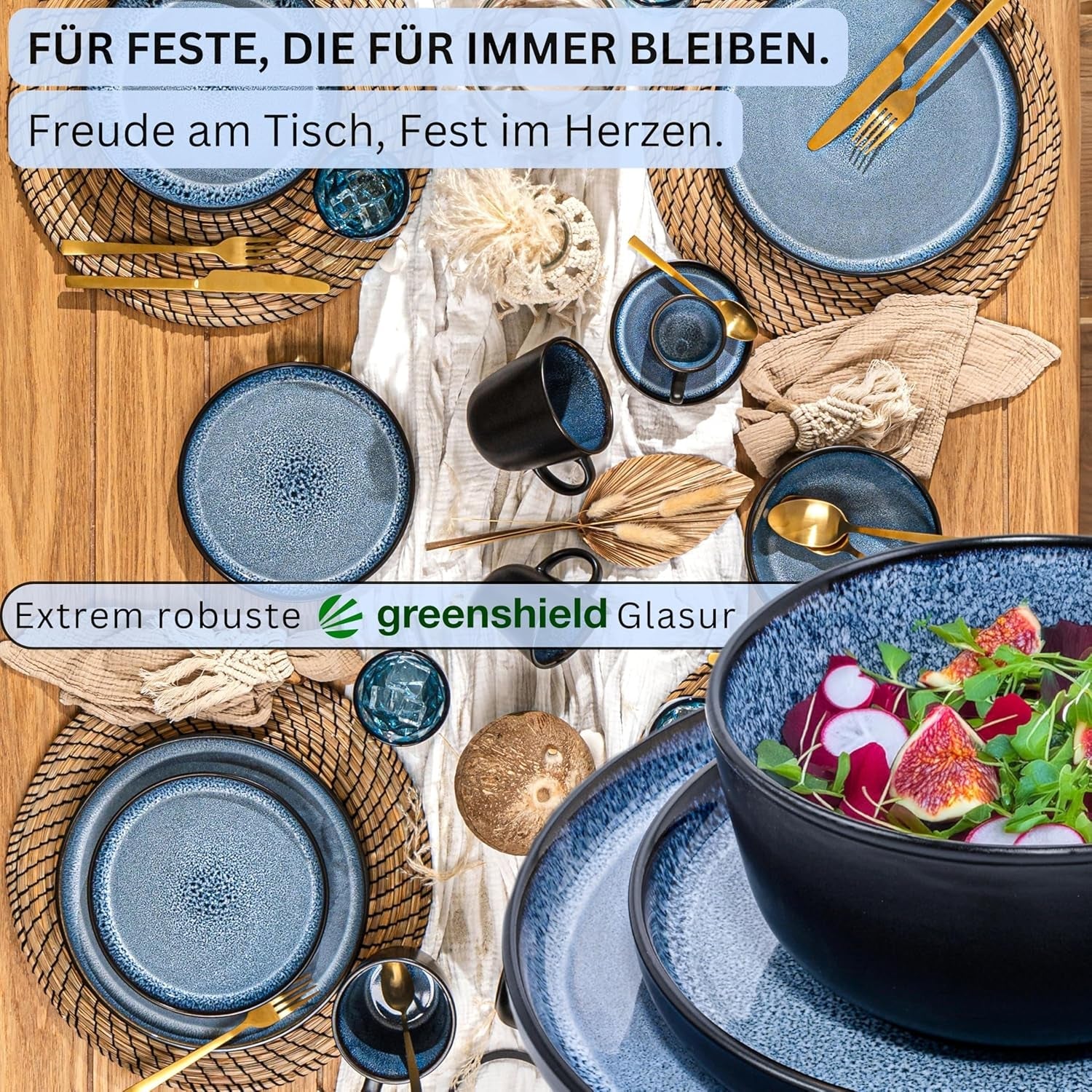 SÄNGER Aruba | Set de veselă din gresie pentru 6 persoane, 6 farfurii de cină, 6 farfurii de mic dejun, 6 farfurii de sumă, 6 boluri pentru paste, albastru cu margine neagră | COLECȚIA VALUE