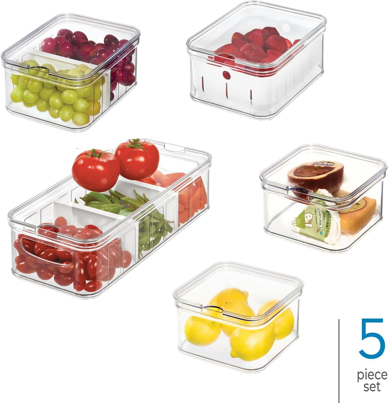 Cutii de depozitare iDesign, organizator frigider cu capac într-un set de 5, cutii de depozitare a alimentelor din plastic reciclat pentru organizarea consumabilelor, transparente și albe Cutii depozitare alimente Naty Shop