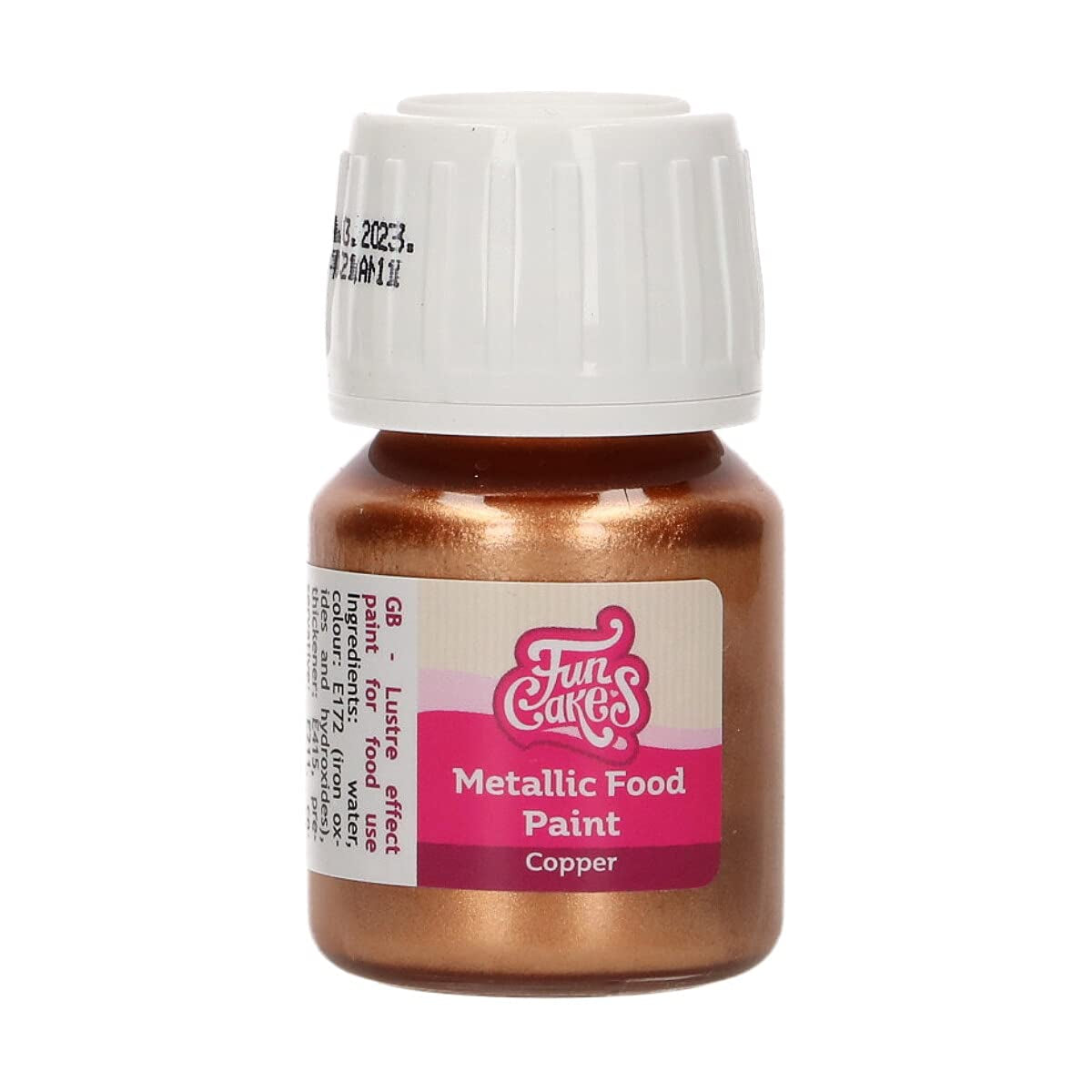 Vopsea alimentară metalică Funcakes, culoarea cupru: Creează efecte metalice pe fondant, marțipan, glazură regală și fursecuri. Colorant alimentar comestibil 100%, Halal, potrivit pentru vegetarieni și vegani. 30 ml.