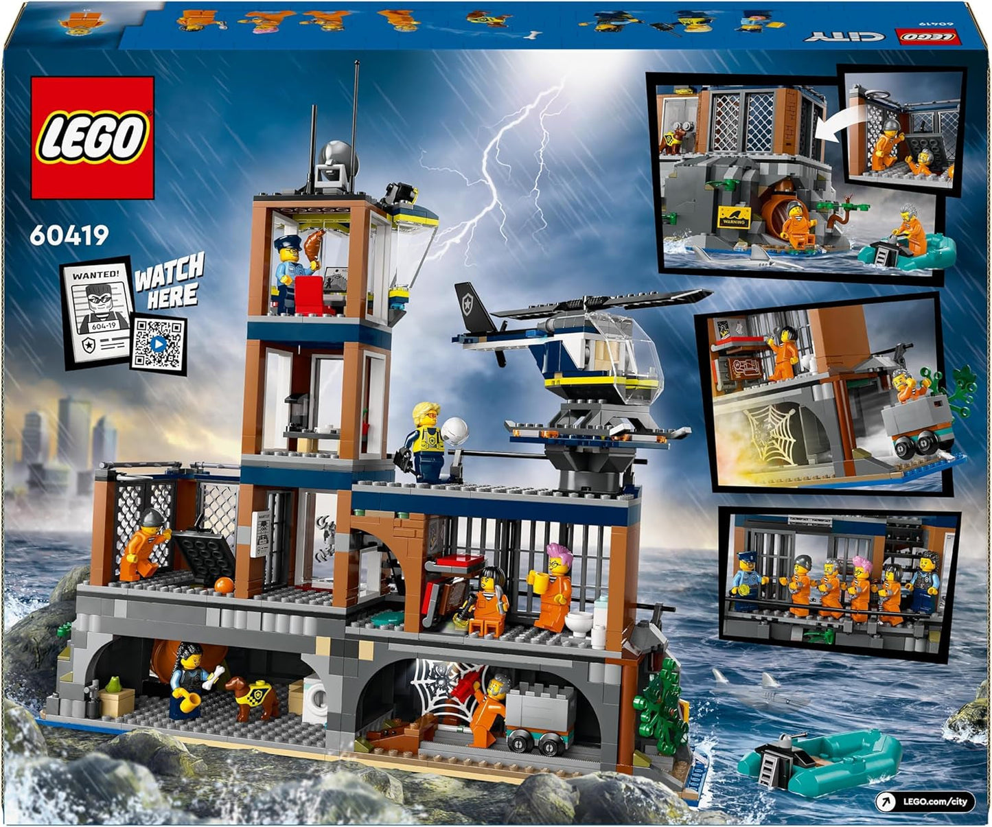 Stație de poliție LEGO City pe insula închisorii, jucărie de poliție cu elicopter, barcă și rechin, set cu 7 minifigurine și câine, cadou aniversar pentru băieți și fete de la 7 ani 60419 Seturi de constructie Besuche den LEGO-Store