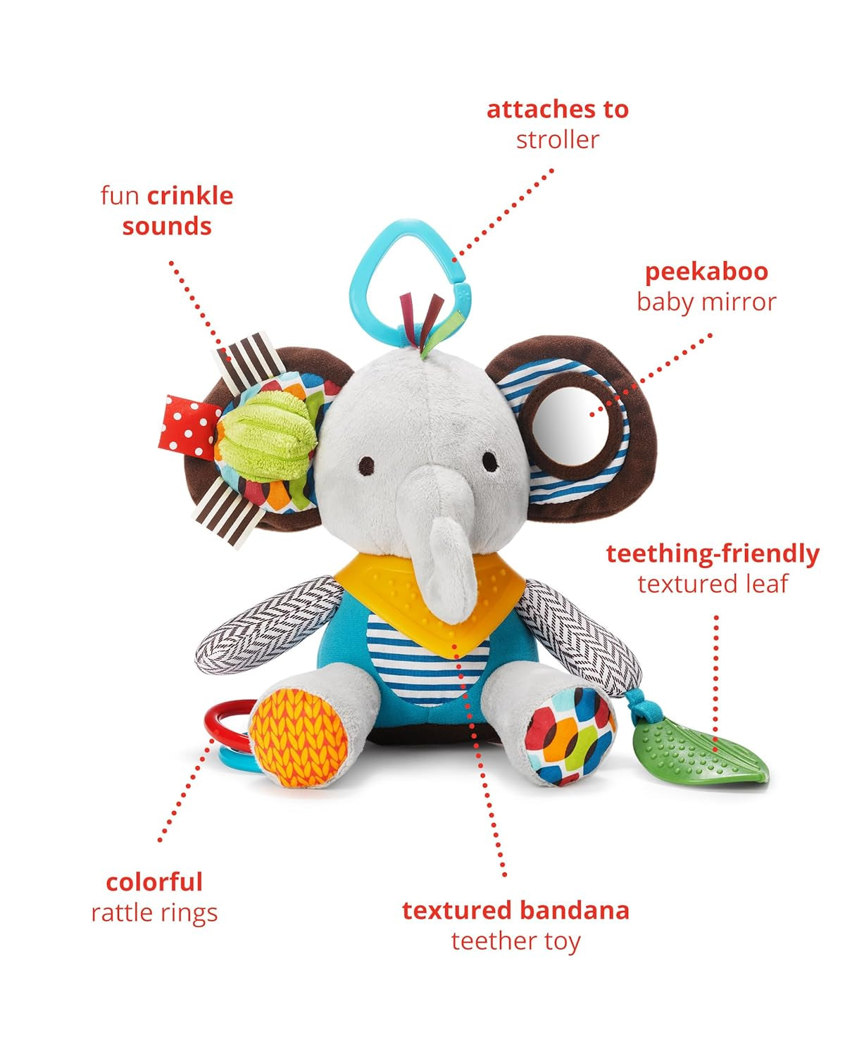 Skip Hop Bandana Buddies jucărie de activitate, jucărie moale pentru bebeluși și copii, multicoloră, elefant Jucarii Bebe Naty Shop