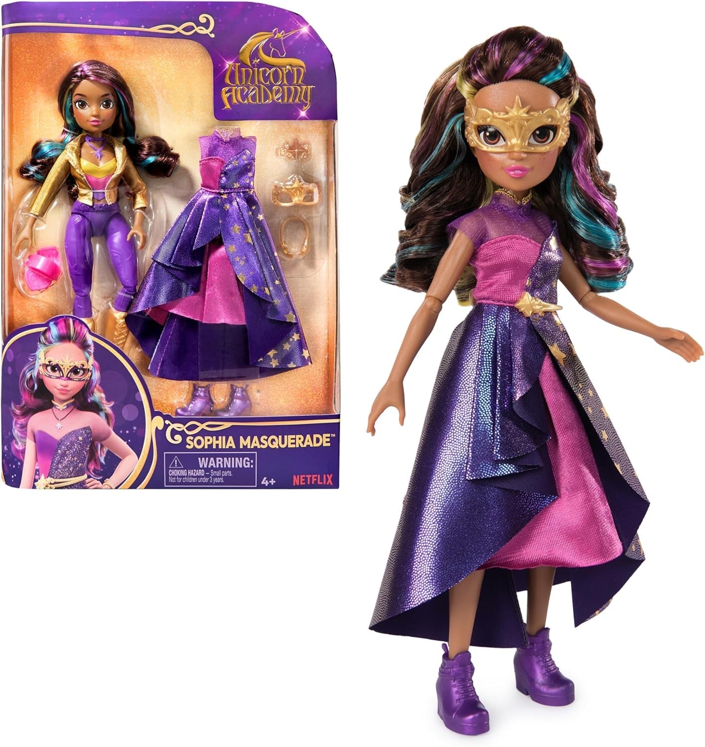 Unicorn Academy Deluxe Masked Ball Sophia - păpușă de 24 cm din popularul serial Netflix cu 2 ținute, dress-up clasic și joc de rol, vârsta 4+ Papusi Naty Shop Bal mascat Sophia