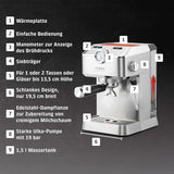 Caso Espresso Gourmet - Espressor portafiltru din oțel inoxidabil, pompă Ulka puternică de 19 bari, cu spumator de lapte, pentru cafea măcinată sau capsule de cafea ESE, pentru 2 cești, cu încălzitor de cești