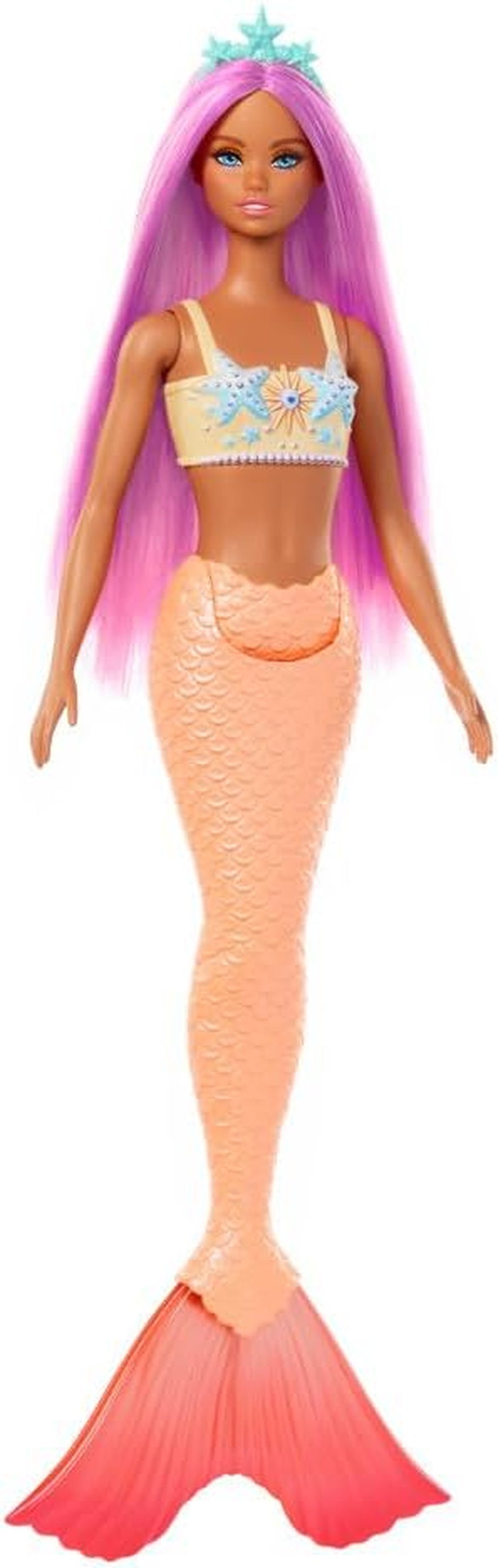 Păpușă Barbie Sirenă cu Păr și Bentiță Roz Fantezie, Păpușă cu Stea de Mare în Vârf și Înotătoare Codală Portocalie Moale, HRR05