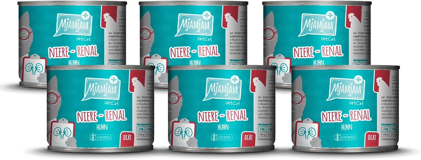 MjAMjAM VetCat - Hrană umedă premium pentru pisici - Dietă - Rinichi - Pui, pachet de 6 (6 x 200g), fără cereale
