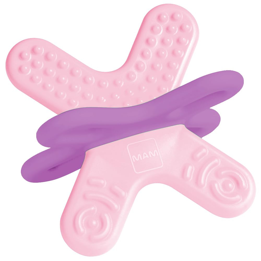 Inel de dentiție MAM, de la 4 luni, ușurare imediată pentru erupția dentară ulterioară, extra ușor și ușor de prins și ținut în mână, cu cutie autosterilizabilă, roz, 1 bucată