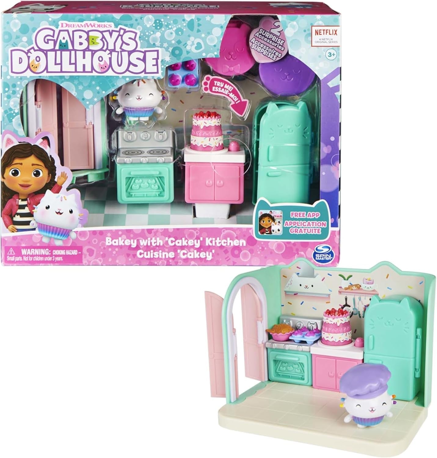CASA DE PĂPȘI DREAMWORKS A LUI GABBY - Cameră Deluxe, Cofetărie cu Cakey, Bucătărie cu Kuchi (Română: Cakey), 3 piese de mobilier și 2 cutii surpriză cu accesorii, potrivită pentru copii cu vârsta de 3 ani și peste