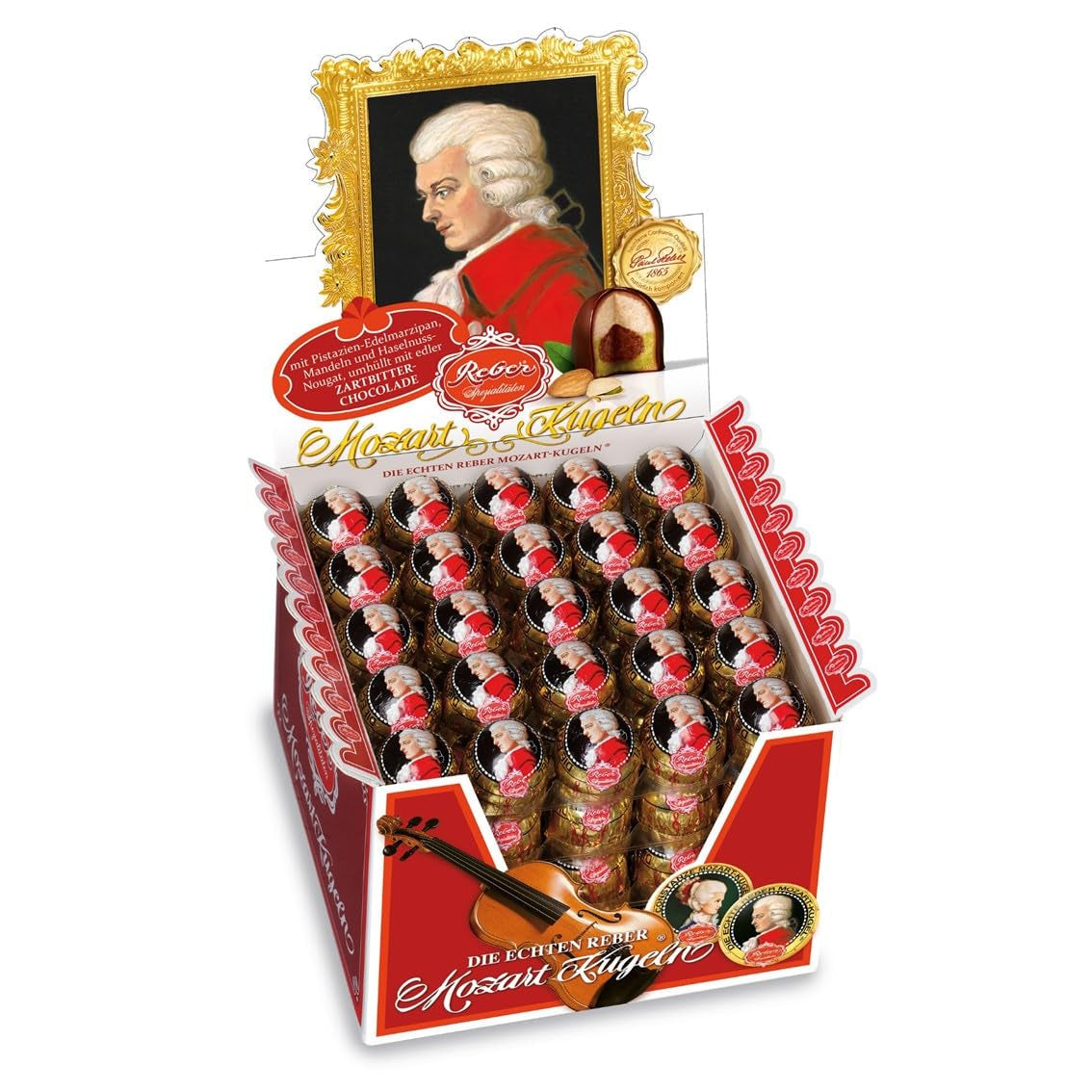 Bile Reber Mozart, cutie de prezentare 4x45, biluțe de ciocolată neagră umplute cu fistic, marțipan, migdale și nuga cu alune, 3,6 kg (180 bucăți)