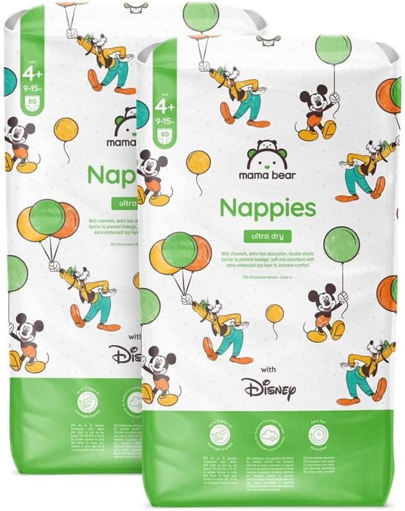 Scutece Mama Bear Disney Ultra Dry mărimea 4 (8-14 kg), alb, 84 bucăți (1 pachet) Naty Shop Mărimea 4+ (9-15 kg) Pachet lunar