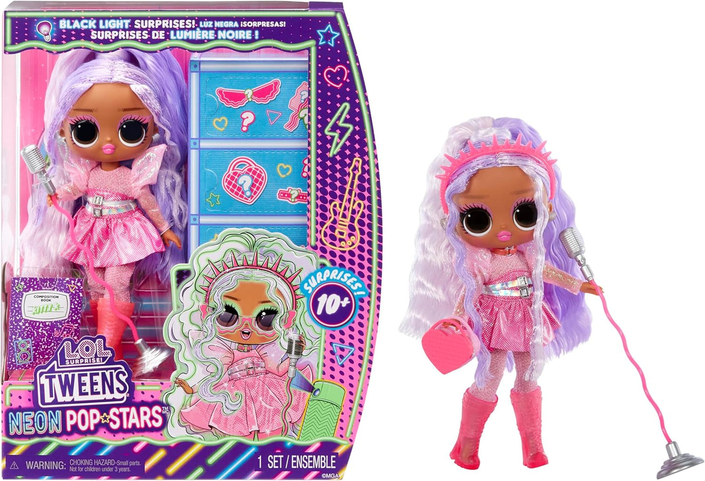 L.O.L. Surprise! Tweens Neon Pop Stars - Kitty K - 1 păpușă la modă cu surprize retroiluminate și 10+ costume și accesorii Pop Star, inclusiv micro-benzi retro, cadou pentru copii 4+ Papusi Naty Shop Kitty K