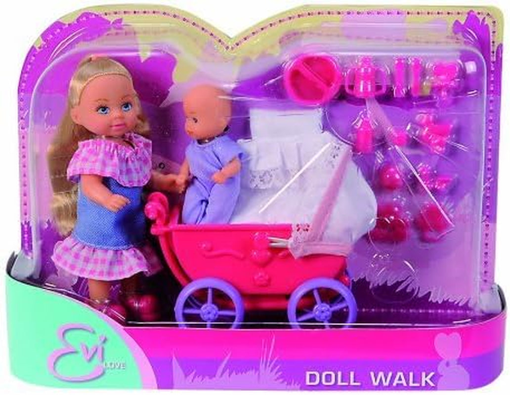 Simba 105736241 - Păpușa Evi Love Walk, 2 asortate, păpușă Evi cu păpușă bebeluș, cu cărucior pentru păpușă, inclusiv accesorii, păpușă la modă, 12 cm, pentru copii cu vârsta de 3 ani și peste