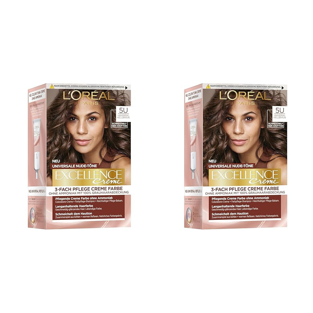L'Oréal Paris Vopsea de păr permanentă pentru fiecare ton de piele, colorare fără amoniac, tonuri nude universale cu acoperire completă a părului gri, Excellence Creme, nr. 5U Castaniu deschis (maro), 1 buc Vopsea pentru par Naty Shop 5U 192 G (pachet de 2)
