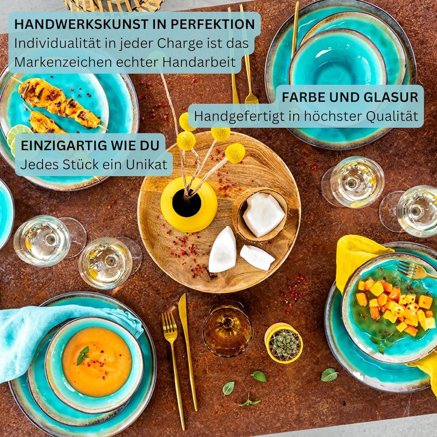 SÄNGER | Set de veselă Capri cu 12 piese, set de farfurii pentru 4 persoane, veselă din gresie, inclusiv farfurii de cină, farfurii de desert și farfurii de sumă, serviciu de cină turcoaz lucrat manual cu margine gri | COLECȚIA PREMIUM