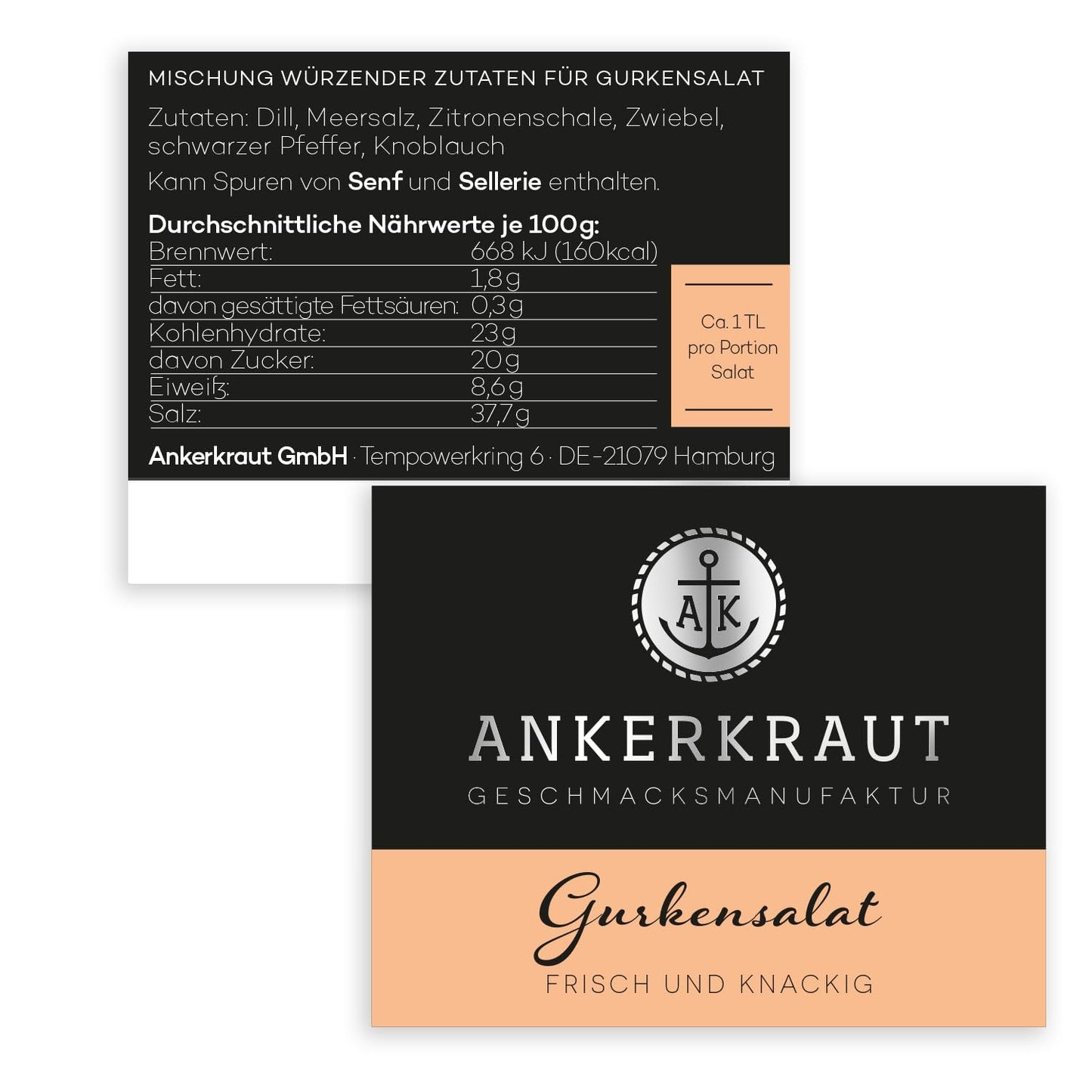 Ankerkraut Gurkensalat, 60 g im Korkenglas, Würze Gurken-Salat Ganz Einfach, Zuckerfrei und Ohne Geschmacksverstärker, Mischung würzender Zutaten für Salat