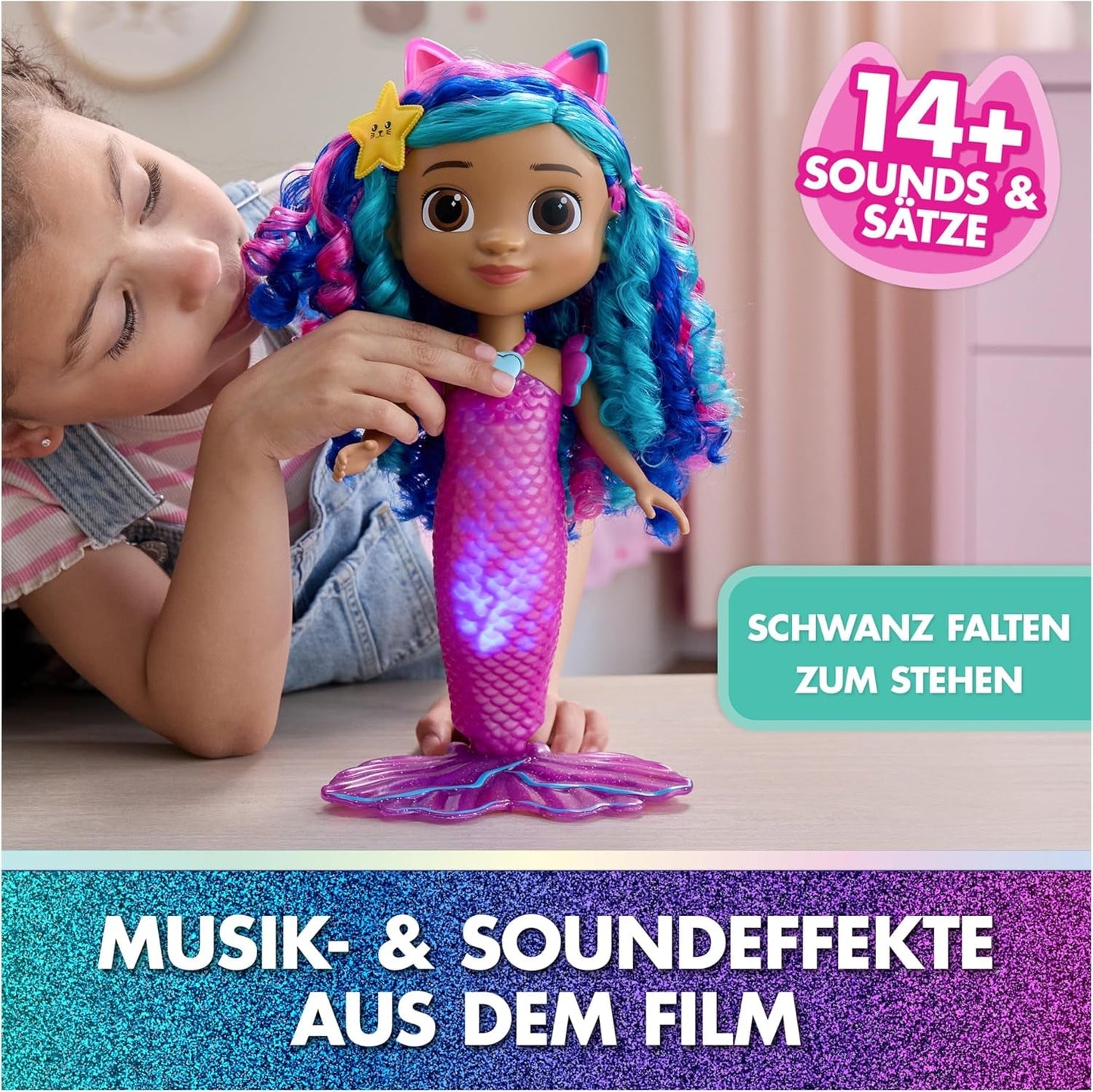 DREAMWORKS GABBY'S DOLLHOUSE – Sing & Shine Meerjungfrau Gabby, 35 cm große Puppe mit Licht- und Soundeffekten, spricht Deutsch, für Kinder ab 3 Jahren