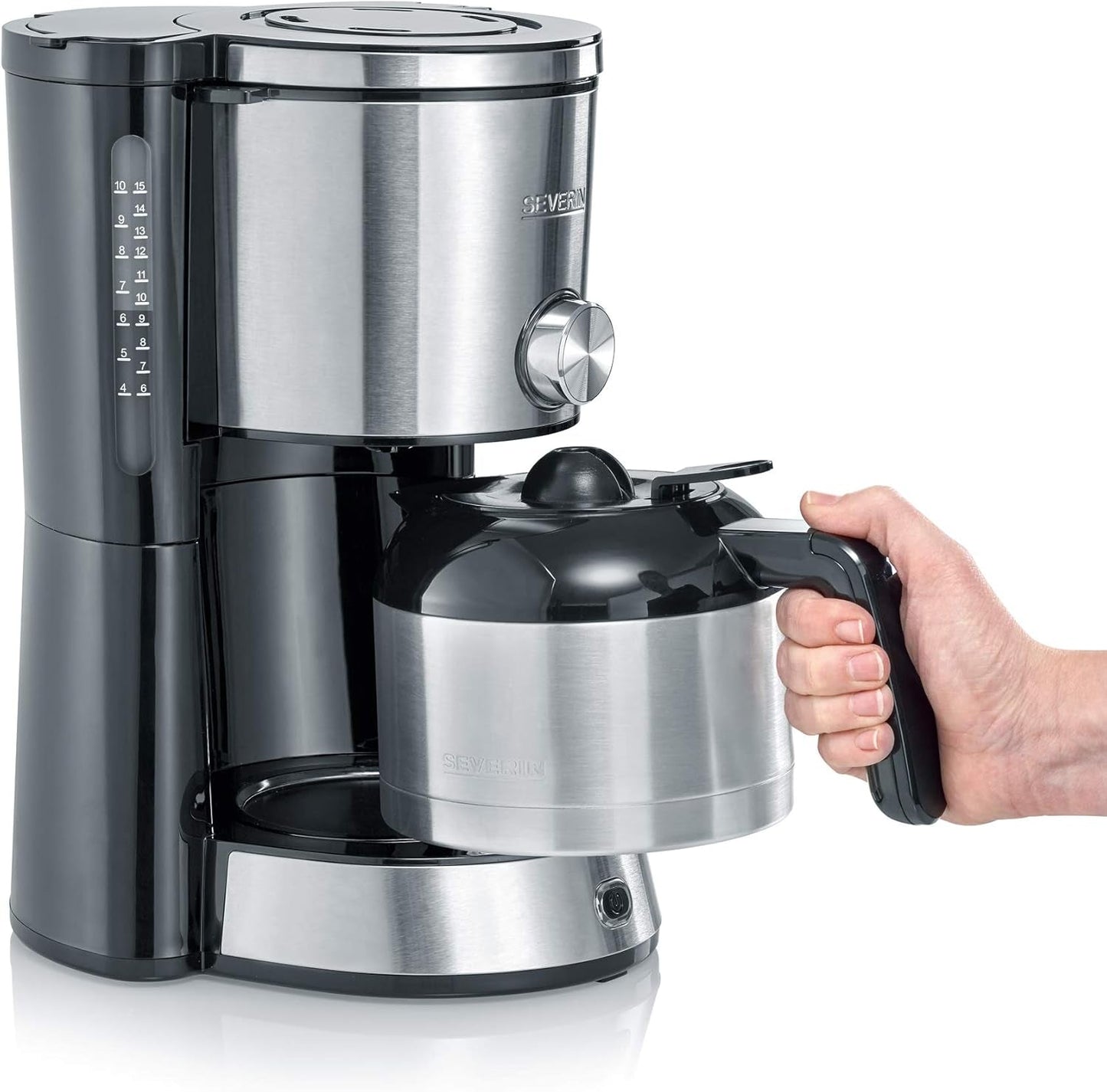 Espressor SEVERIN „TypeSwitch” cu carafă termică, AromaSwitch pentru alegerea între 2 profiluri de preparare, aparat de cafea pentru până la 10 cești, 1000W, oțel inoxidabil periat-negru, KA 4845