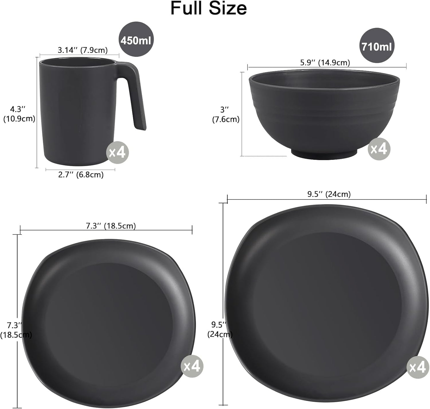 Set de veselă din PP | Set de veselă ușor și indestructibil, format din 16 piese, pentru copii și adulți, set combinat de masă cu 4 farfurii, 4 farfurii de desert, 4 boluri, 4 cești pentru 4 persoane