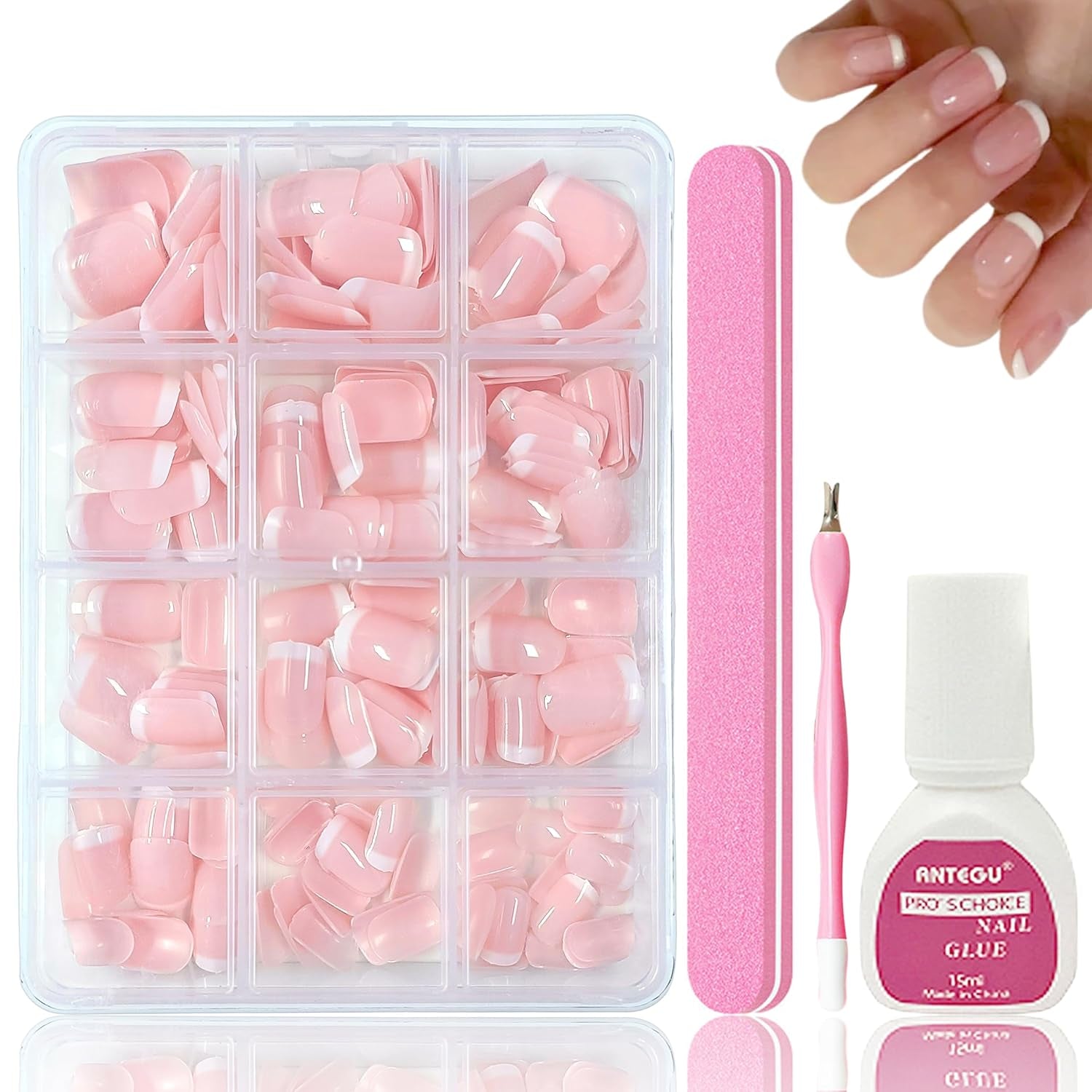Set 240 de unghii false franceze scurte, unghii artificiale pătrate, unghii de lipit cu lipici, vârfuri de unghii acrilice, unghii false pentru femei, artă unghii DIY