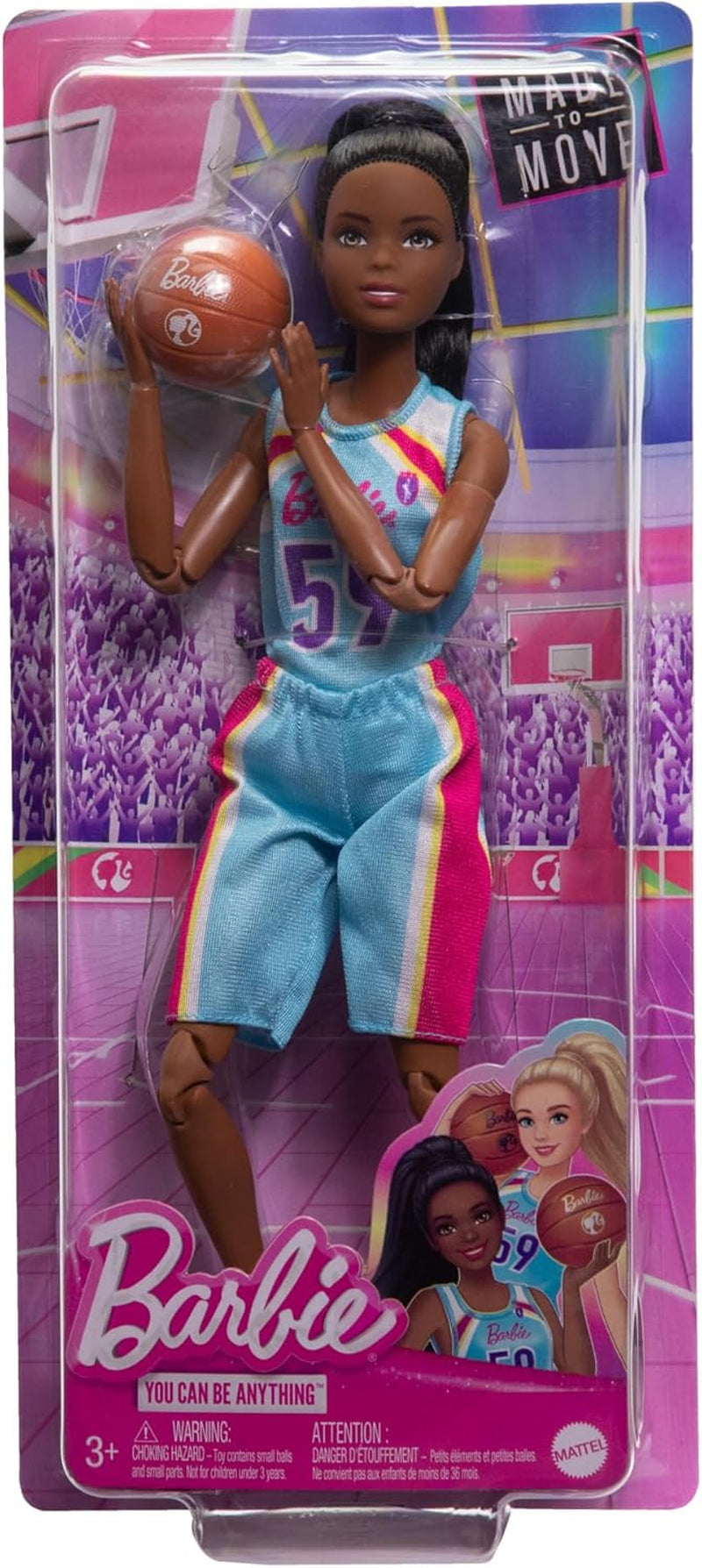 Păpușă Barbie Made to Move și accesorii, jucătoare de baschet brunetă cu rochie sport detașabilă și minge, 22 de articulații articulate, HKT74