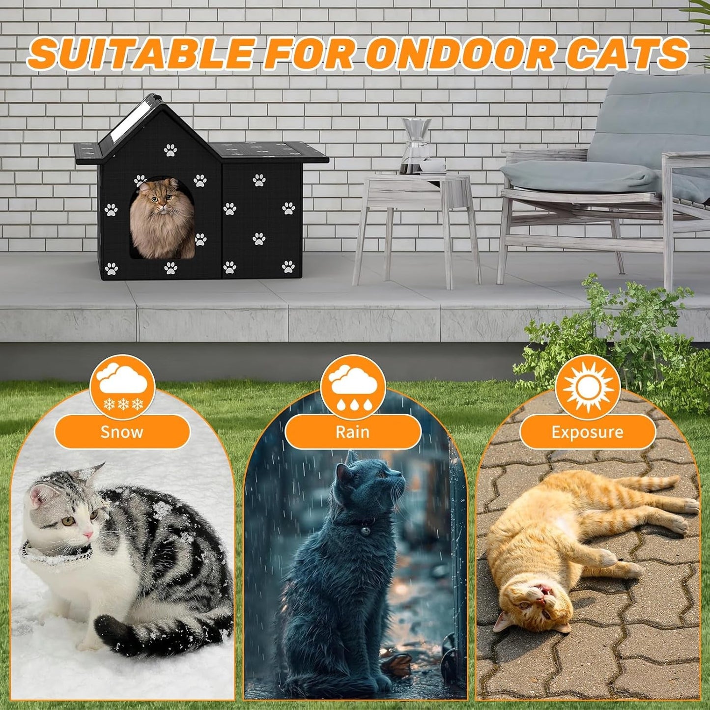 Katzenhaus Für Draußen Winterfest, Haus für verwilderte Katzen mit abnehmbaren Kissen, Winterschutz für Haustiere mit Türvorhängen, einfach zu montieren