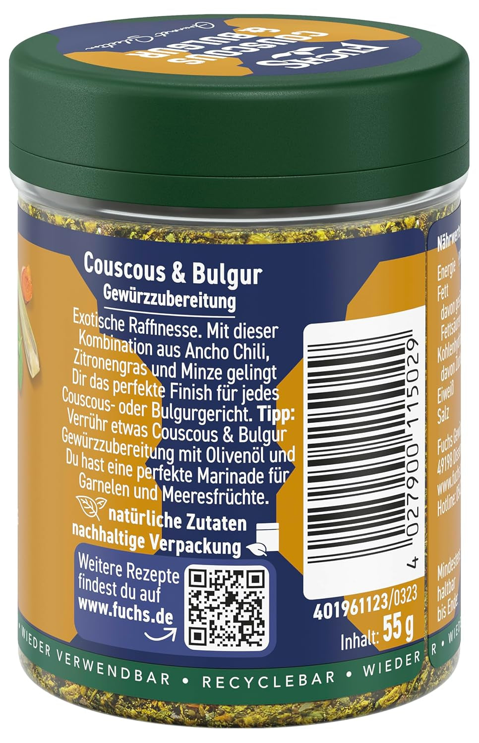 Fuchs Spices Gourmet Selection Middle East/Africa – Mix de condimente pentru couscous și bulgur, mix de condimente reîncărcabil, pentru asezonarea mâncărurilor cu bulgur, vegan, 55 g