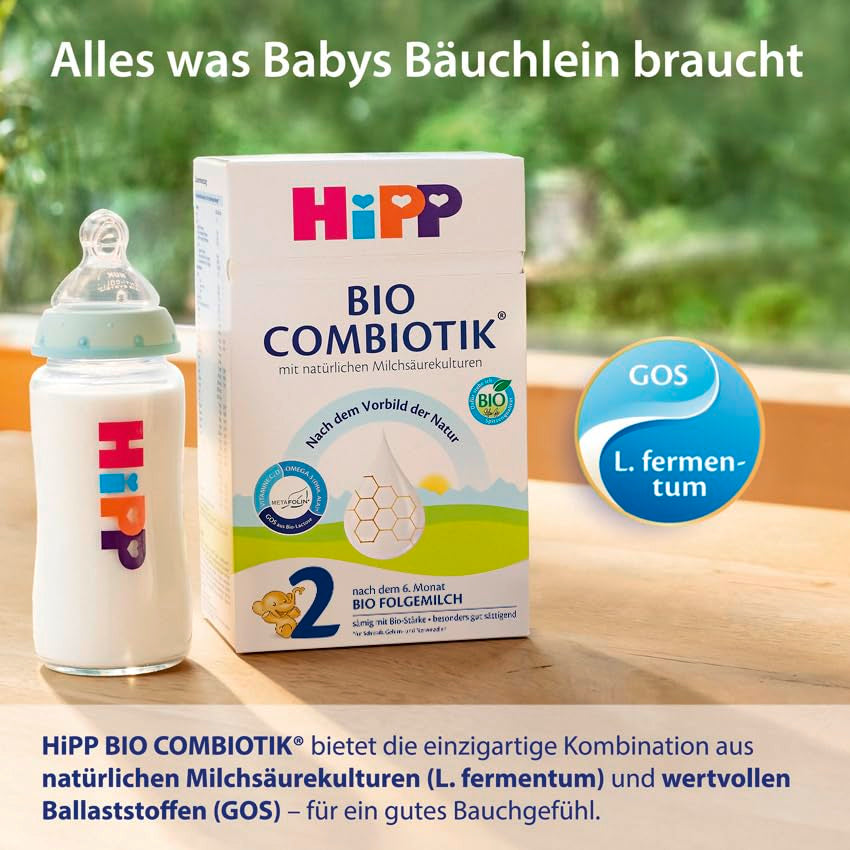 HiPP 2 Organic Combiotik (4 x 600g), lapte de continuare după 6 luni, cu amidon, culturi naturale de acid lactic, GOS, Omega-3 (DHA, ALA), de cea mai bună calitate organică