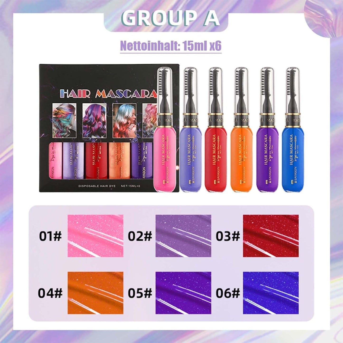 Vopsea de păr instant, 6 culori Mascara de păr temporară pentru fete și femei, cretă de păr lavabilă, vopsea de păr Rainbow Hair Mascara pentru carnaval, Halloween, Cosplay, petrecere, zi de naștere (A) Vopsea pentru par Naty Shop