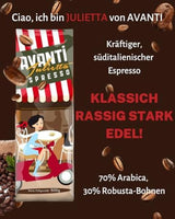 Boabe de cafea AVANTI Julietta Espresso, 500g, 70% Arabica 30% Robusta, prăjire tradițională în tambur