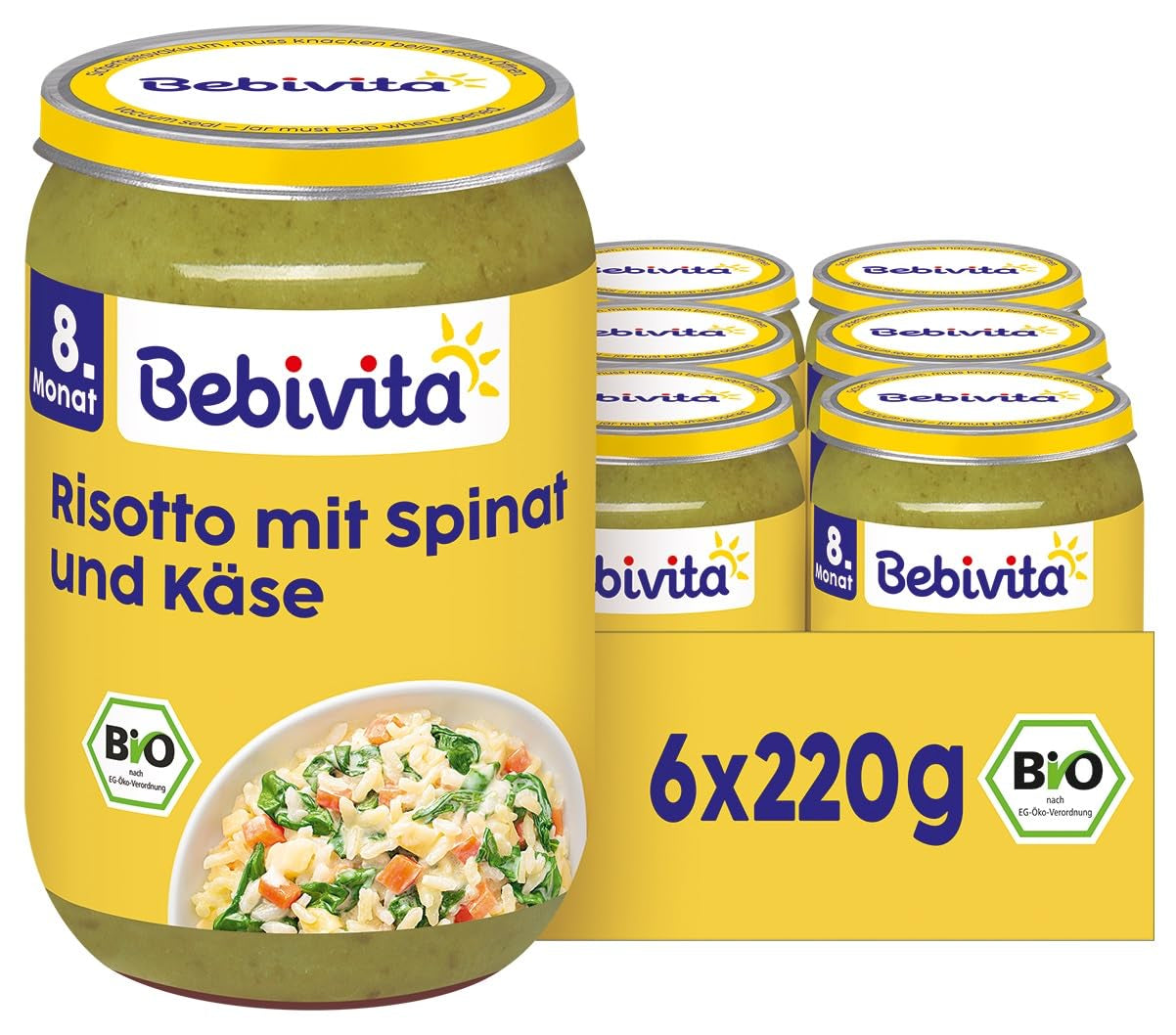 Mese de la 8 luni: Risotto cu brânză și spanac, 220g, pachet de 6 (6x220g)