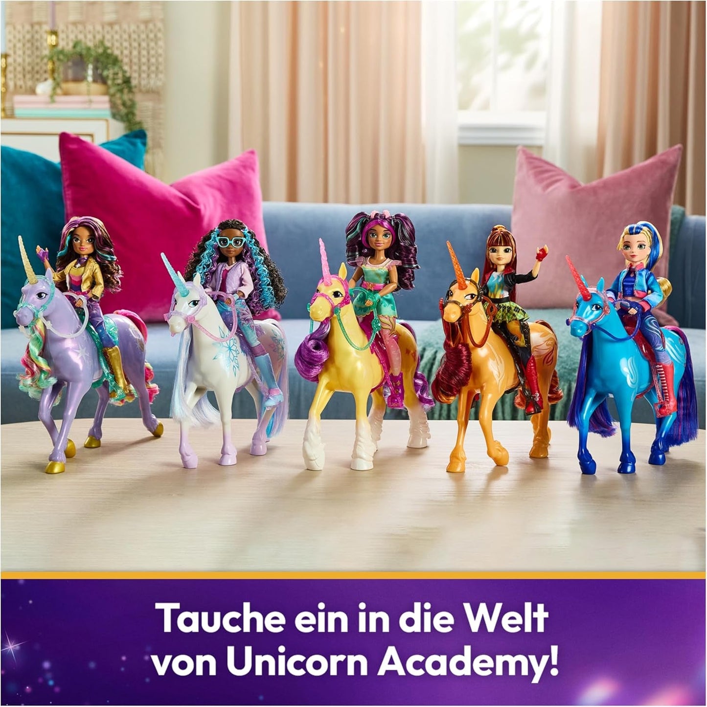 Frunză de Unicorn Unicorn Academy - 28 cm înălțime, unicorn original de Ava din serialul Netflix, cu coamă și coadă reale, frâu și șa detașabile și perie, pentru copii cu vârsta de 4 ani și peste