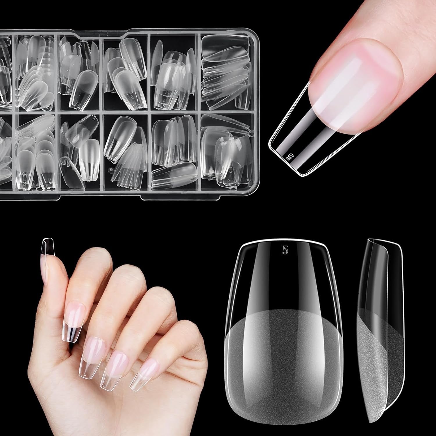 Unghii false scurte, model balerină, 120 bucăți, pentru lipire, 12 dimensiuni, unghii artificiale scurte, gel moale, acoperire completă, vârfuri de unghii pentru unghii cu gel scurte, S