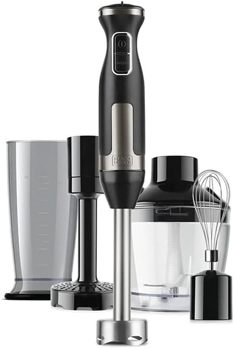 BLACK+DECKER Stabmixer | BXHBA1500E | 1500 Watt | 20 Geschwindigkeiten | Turbo | Edelstahl | Spritzschutz | Inklusive Pürieraufsatz, Schneebesen, Zerkleinerer Und Messbecher Bucatarie Naty Shop Single 4 Zubehörteile 1500W
