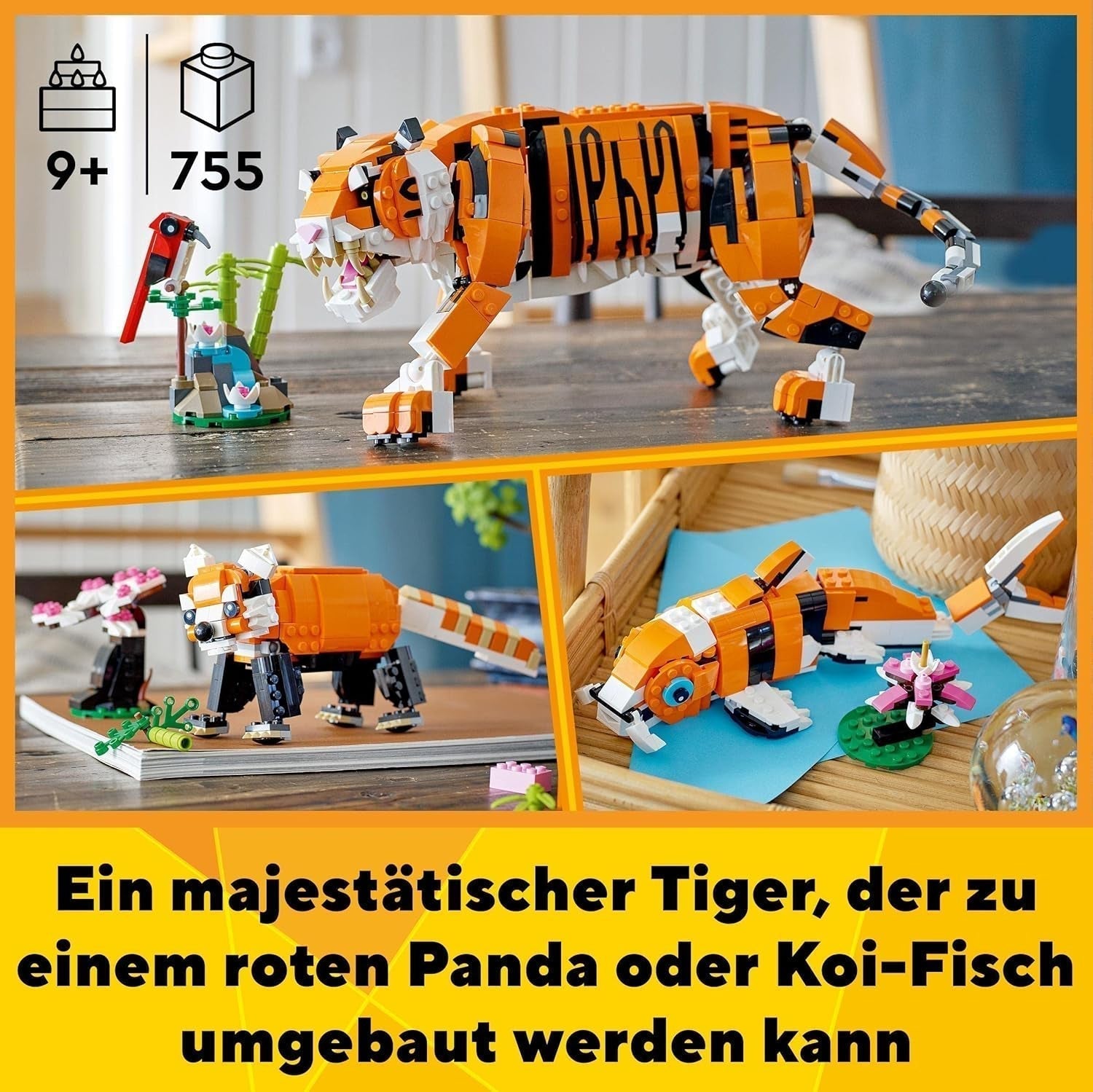LEGO 31129 Creator Majestic Tiger, Panda sau Pește, set 3 în 1 de figuri de animale, jucărie pentru copii, băieți și fete, jucărie de construcție cu animale Seturi de constructie Besuche den LEGO-Store