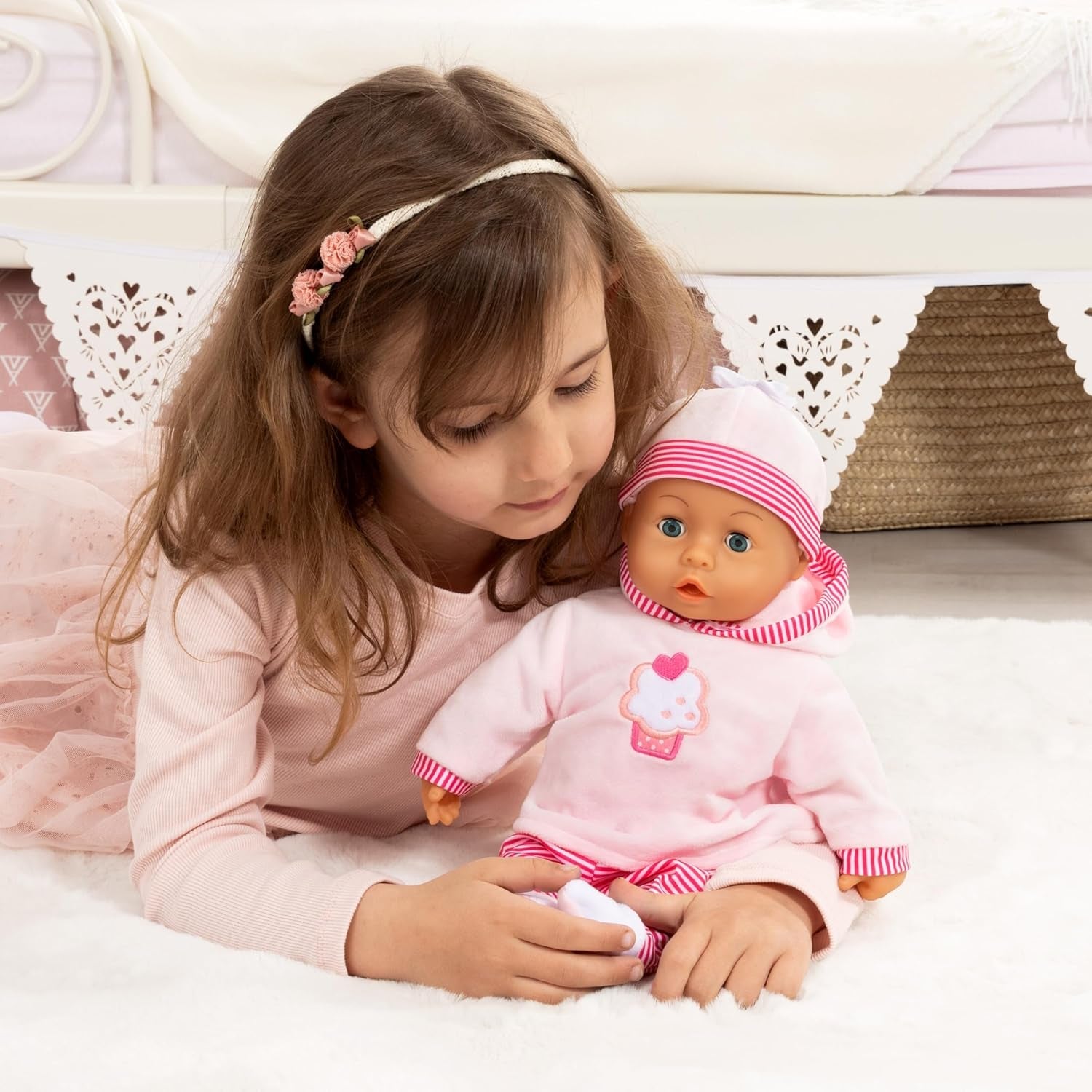 Babypuppe First Words mit Schlafaugen, spricht 24 Babylaute, mit Schnuller und Flasche, 38 cm, Rosa/Streifen