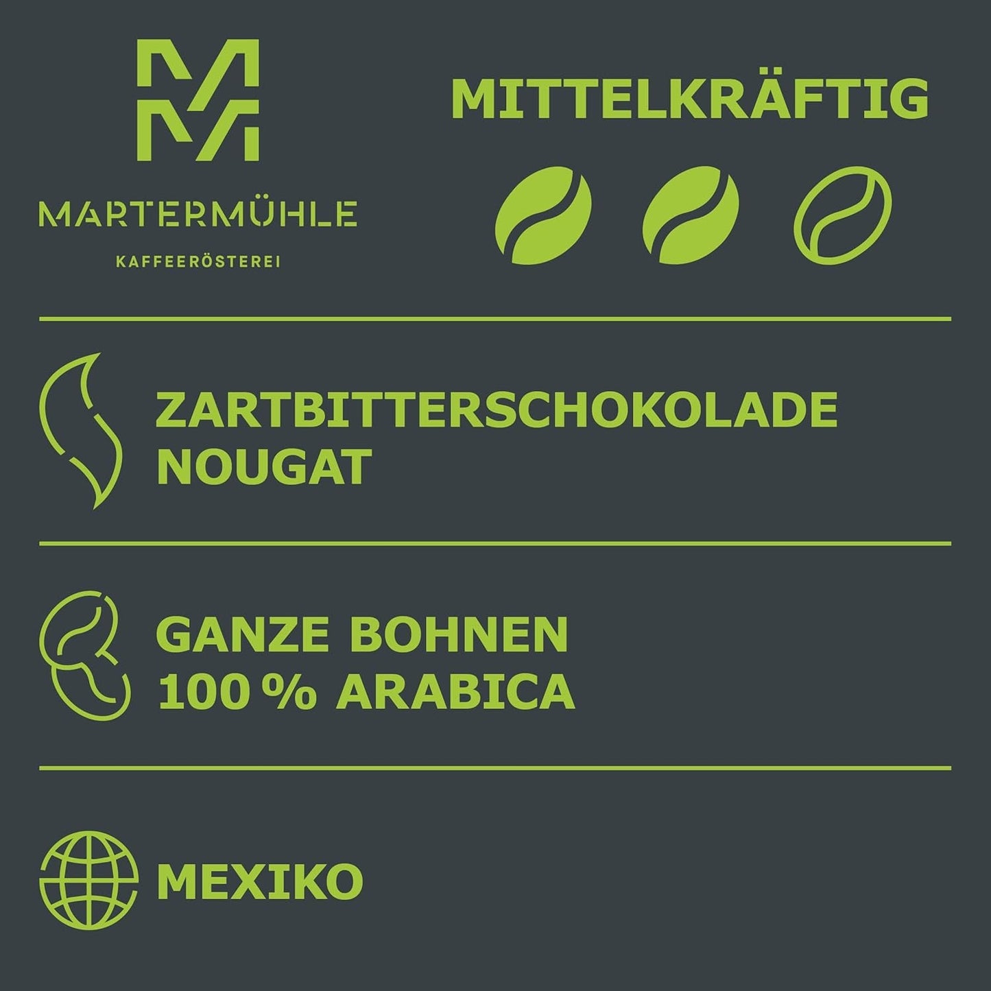 Martermühle Mexiko Bio Espressobohnen entkoffeiniert 1kg mittelkräftig I Arabica I Aromen: Nougat, Zartbitterschokolade I Ganze Bio Espresso-Bohnen schonend geröstet, säurearm