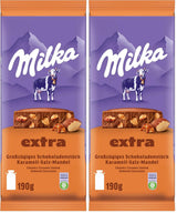 Milka Extra Caramel Sare Migdale – Ciocolată cu lapte alpină cu bucăți de caramel, migdale și un praf de sare – 190g
