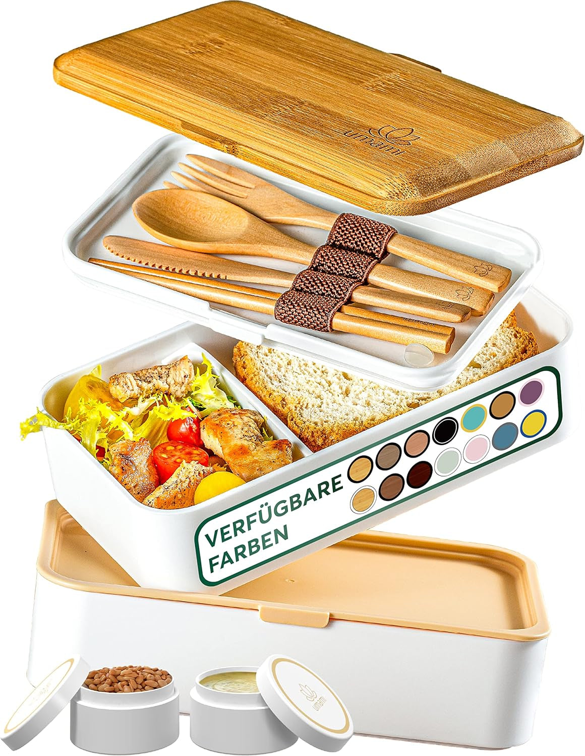 Cutie de prânz Umami pentru adulți, cutie bento stivuibilă etanșă cu 4 tacâmuri și compartimente, cutie de prânz pentru adulți, recipient pentru salată to-go, cutie de prânz pentru picnic / birou, gri cărbune, 1500 ml
