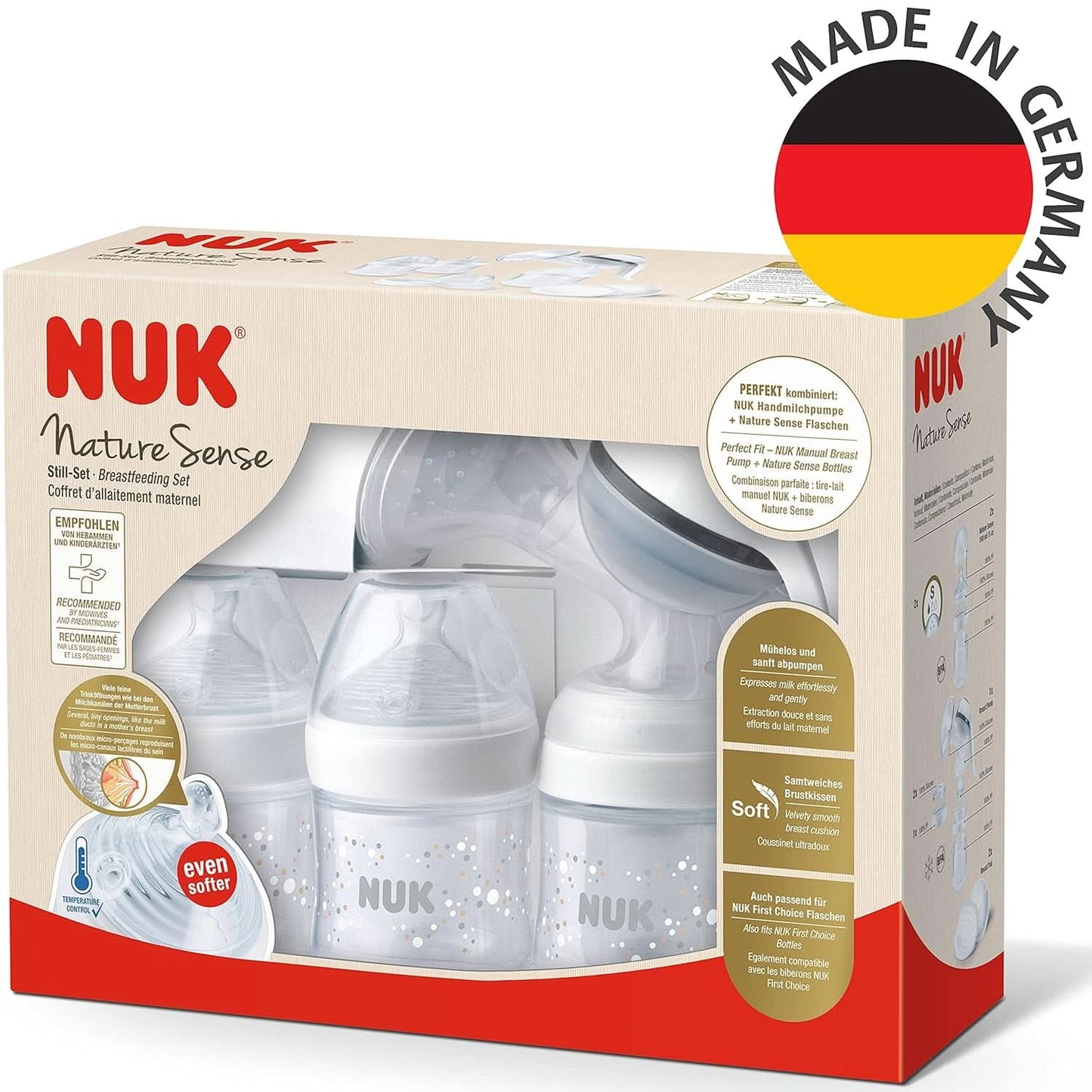 Pompă de sân manuală NUK Nature Sense | Set de alăptare cu pompă de sân manuală, biberoane și tampoane de alăptare Ultra Dry Comfort | 6 piese Accesorii Hrana si Alaptare Bebe Naty Shop